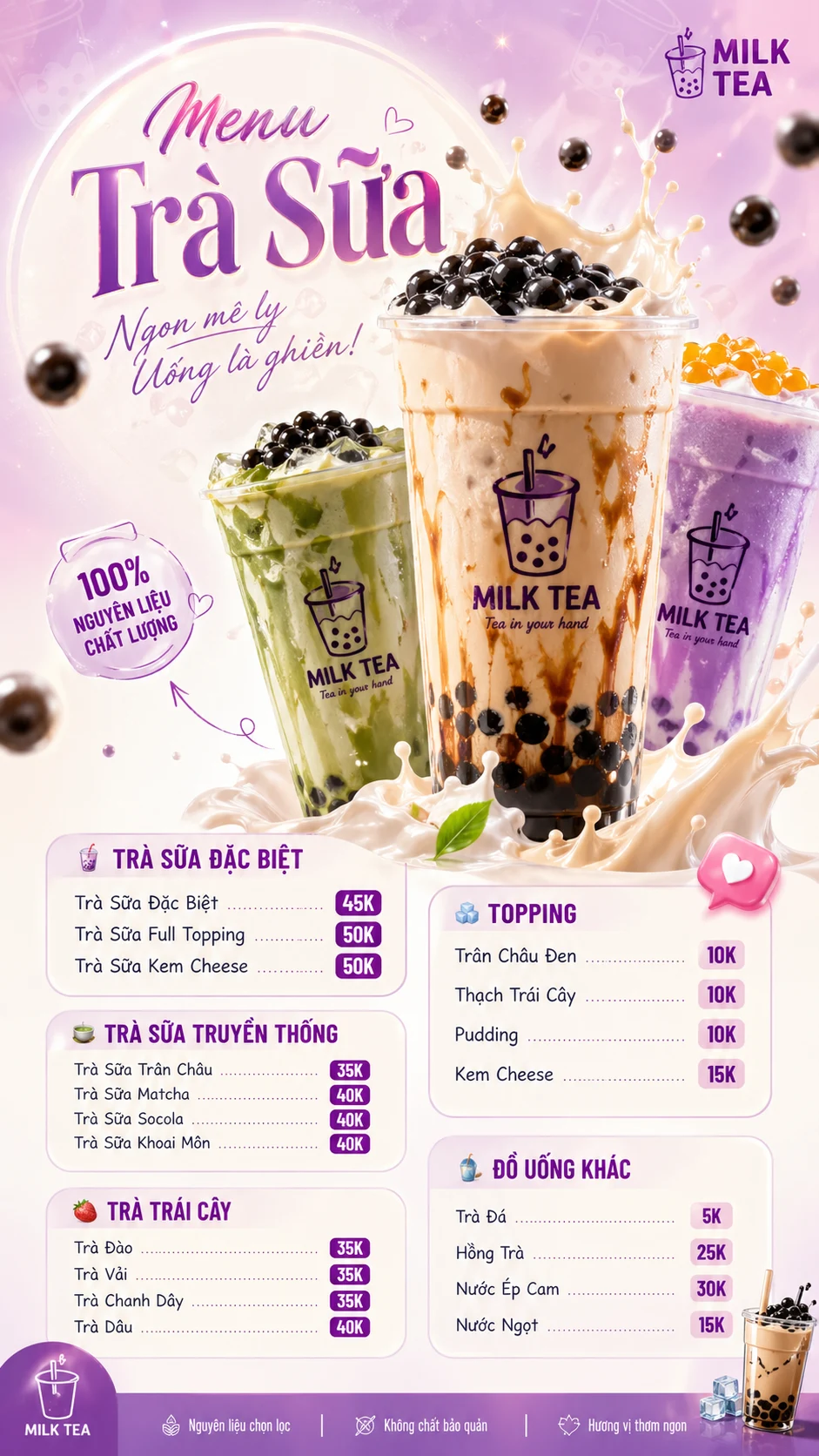 Prompt tạo ảnh menu trà sữa